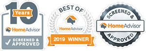 HomeAdvisor Award Badges - 10 Years Screened & Approved, 2019 Best of Winner, Screened & Approved