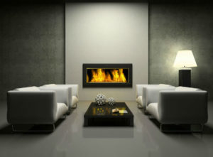 a modern living with a modern floating fireplace