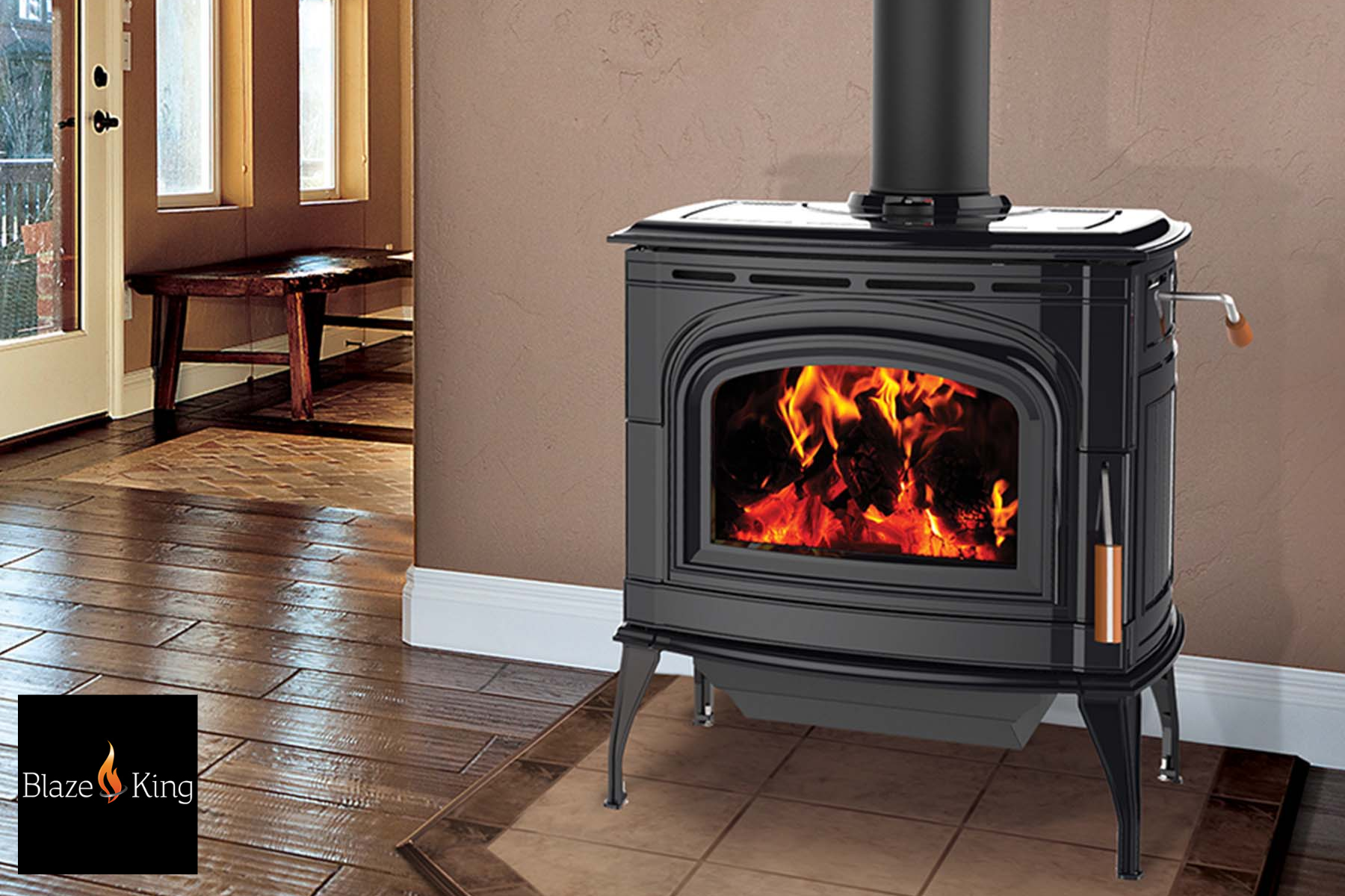 A Blaze King stove sitting on a hardwood floor. Sold at Sleep Easy.