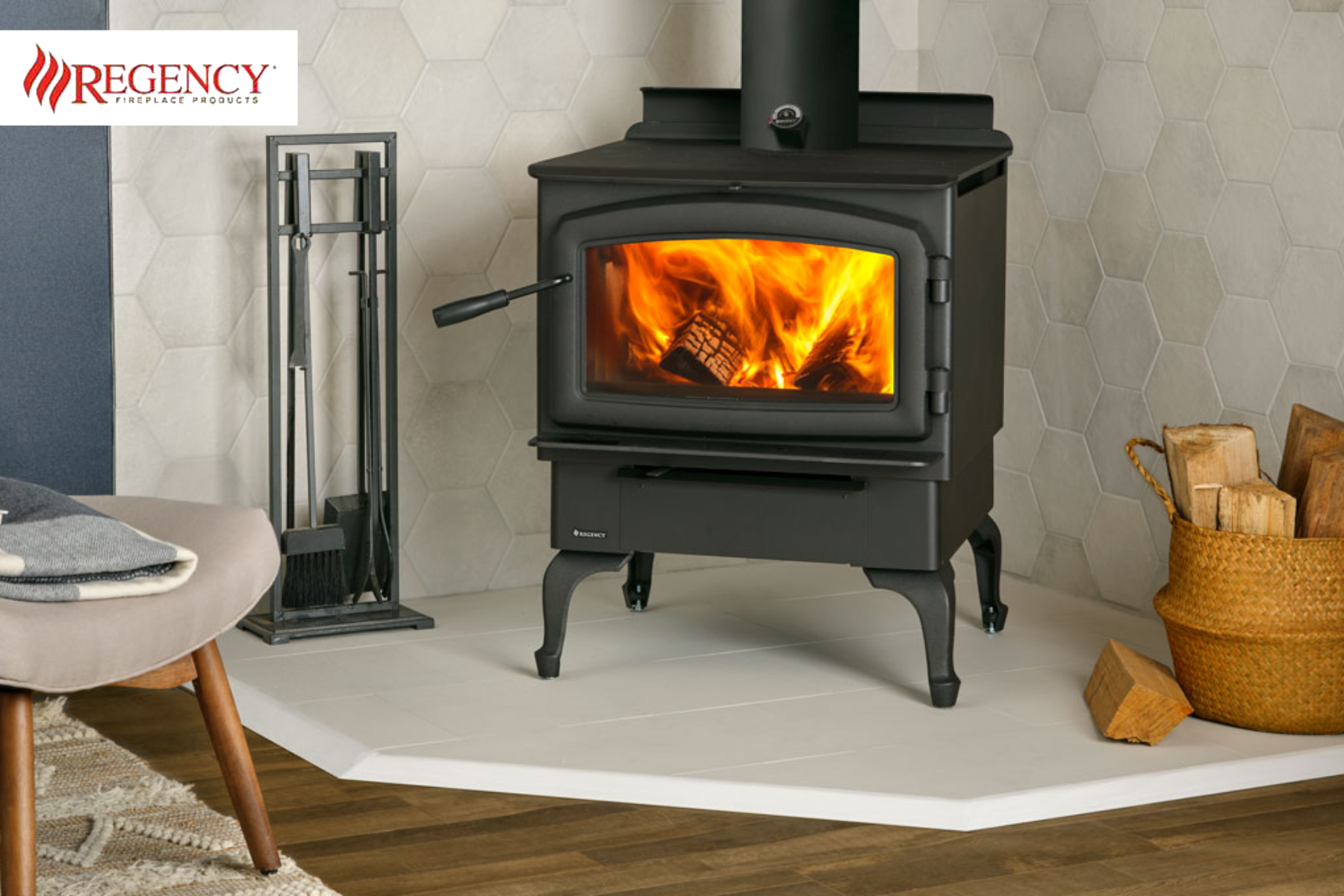 Sleep Easy Regency LP Wood stove sitting on a white hearth pad. Sold at Sleep Easy.