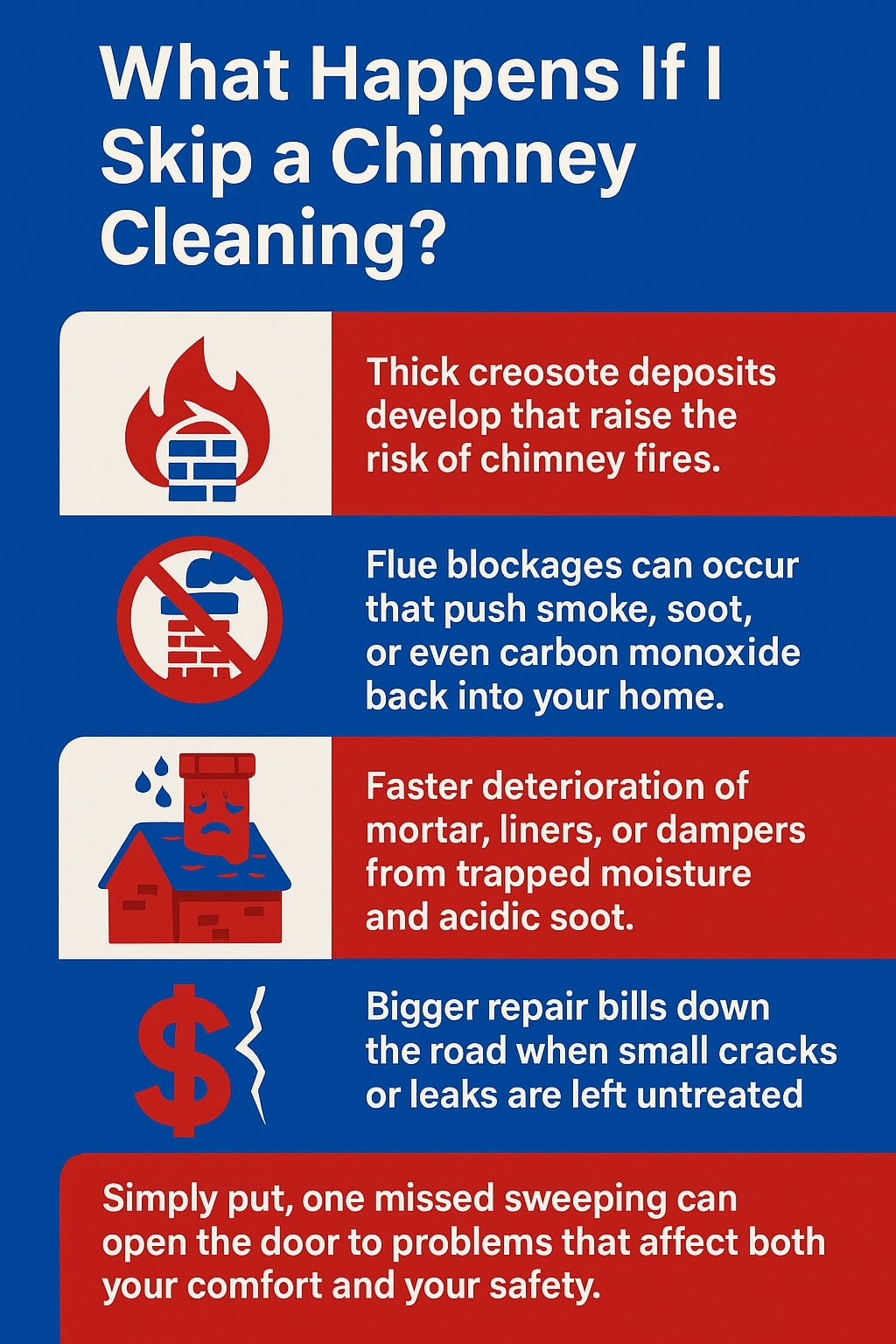 original infographic with a bold blue background and white text header that reads “What Happens If I Skip a Chimney Cleaning?” followed by four sections with red, blue, and white alternating backgrounds. The first section has a red flame and chimney icon with the text “Thick creosote deposits develop that raise the risk of chimney fires.” The second section shows a red “no” symbol over a chimney with text: “Flue blockages can occur that push smoke, soot, or even carbon monoxide back into your home.” The third section features a sad chimney dripping water on a house illustration with text: “Faster deterioration of mortar, liners, or dampers from trapped moisture and acidic soot.” The fourth section has a red cracked dollar sign and text: “Bigger repair bills down the road when small cracks or leaks are left untreated.” At the bottom, in white text on a red background, it says: “Simply put, one missed sweeping can open the door to problems that affect both your comfort and your safety.”<br />
