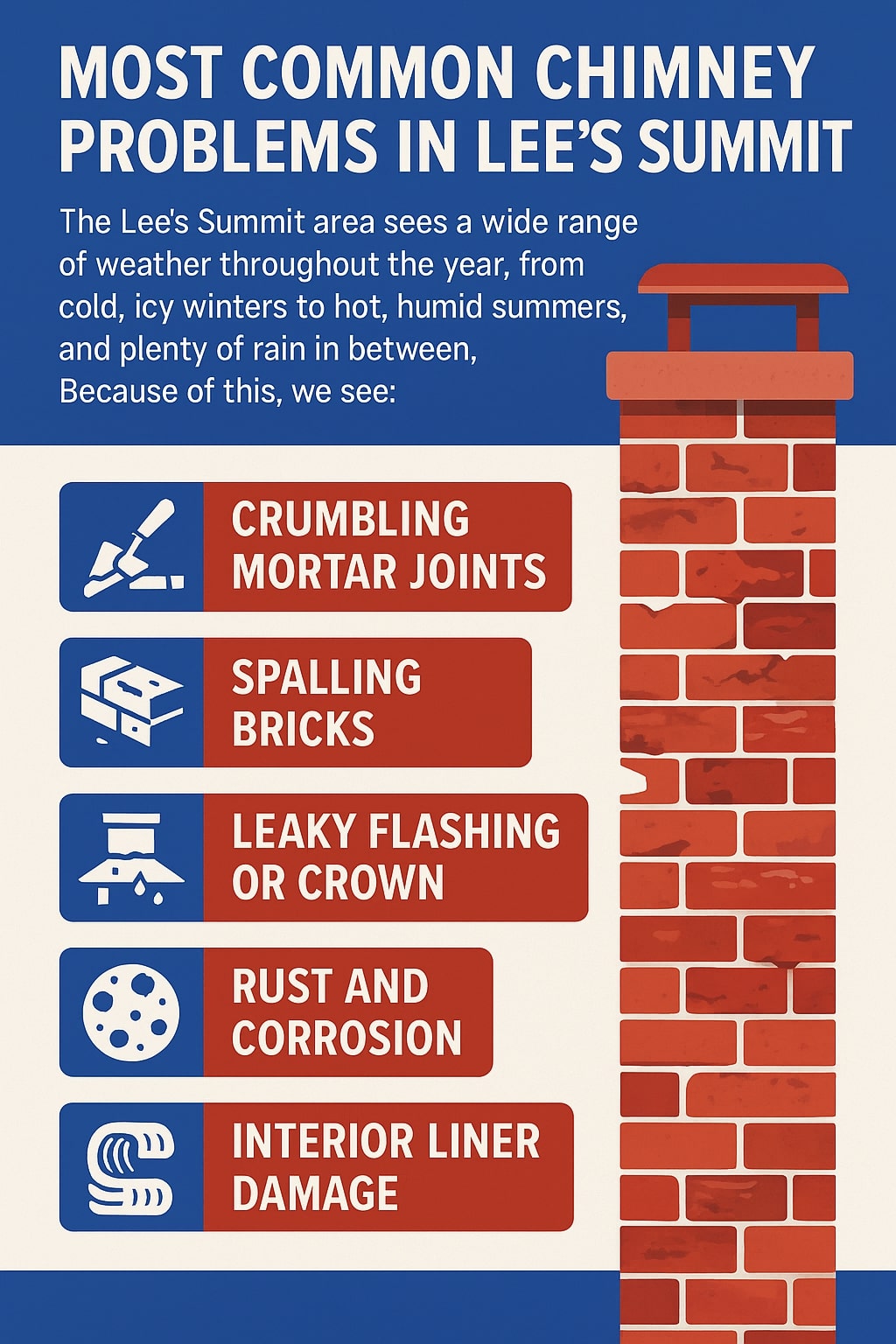 Original infographic showing “Most Common Chimney Problems in Lee’s Summit” with a red and blue color palette (#2031B3, #CC1511, #0F71C3, #FFFFFF). The top section features a bold blue background with white title text. Below, a short paragraph explains how Lee’s Summit’s cold winters, humid summers, and frequent rain contribute to chimney wear. The right side shows a tall red brick chimney with visible cracks. The left side lists five common issues in red and blue rectangular boxes with white text and icons: a trowel and bricks for “Crumbling Mortar Joints,” a broken brick for “Spalling Bricks,” dripping roof flashing for “Leaky Flashing or Crown,” a corroded metal circle for “Rust and Corrosion,” and a coiled liner for “Interior Liner Damage.” The design has a clean, modern layout with clear contrasts for readability.<br />
