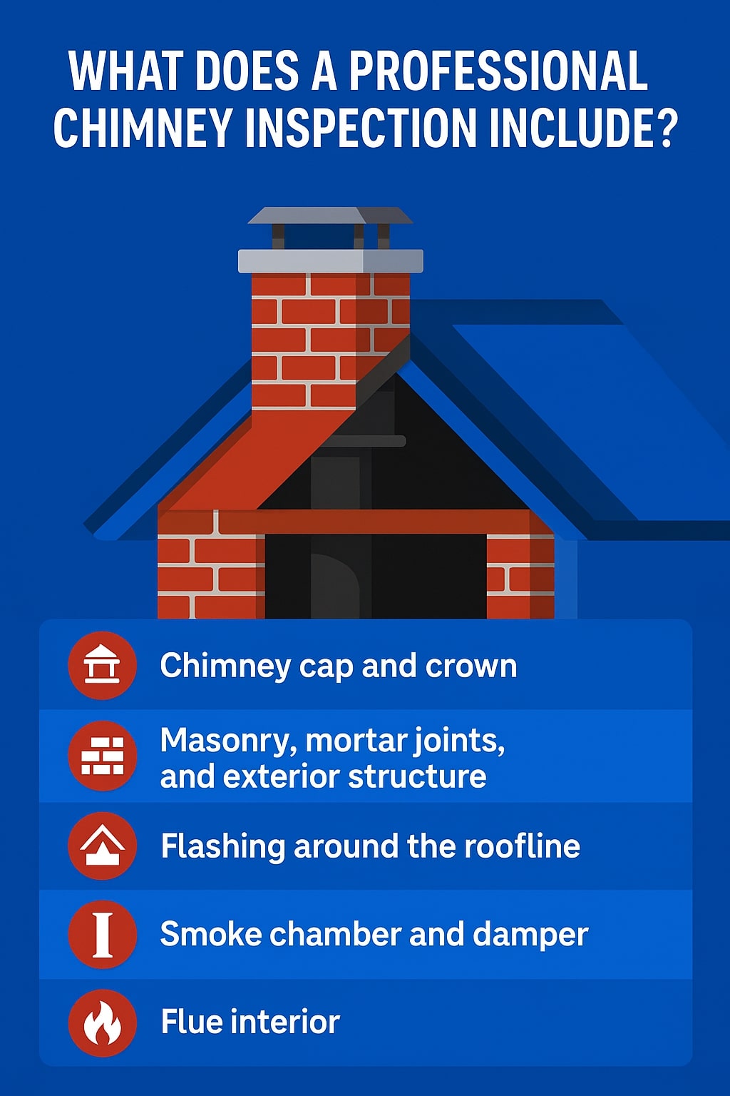 original infographic showing a bright blue background with bold white text at the top reading “WHAT DOES A PROFESSIONAL CHIMNEY INSPECTION INCLUDE?” above a stylized red-brick chimney attached to a dark blue and red house illustration; below the house is a vertical list of five inspection items presented on blue rounded rectangles, each with a red circular icon to the left and white text to the right, including a chimney-top icon for “Chimney cap and crown,” a brick-pattern icon for “Masonry, mortar joints, and exterior structure,” a roofline icon for “Flashing around the roofline,” a column-shaped icon for “Smoke chamber and damper,” and a flame icon for “Flue interior.”