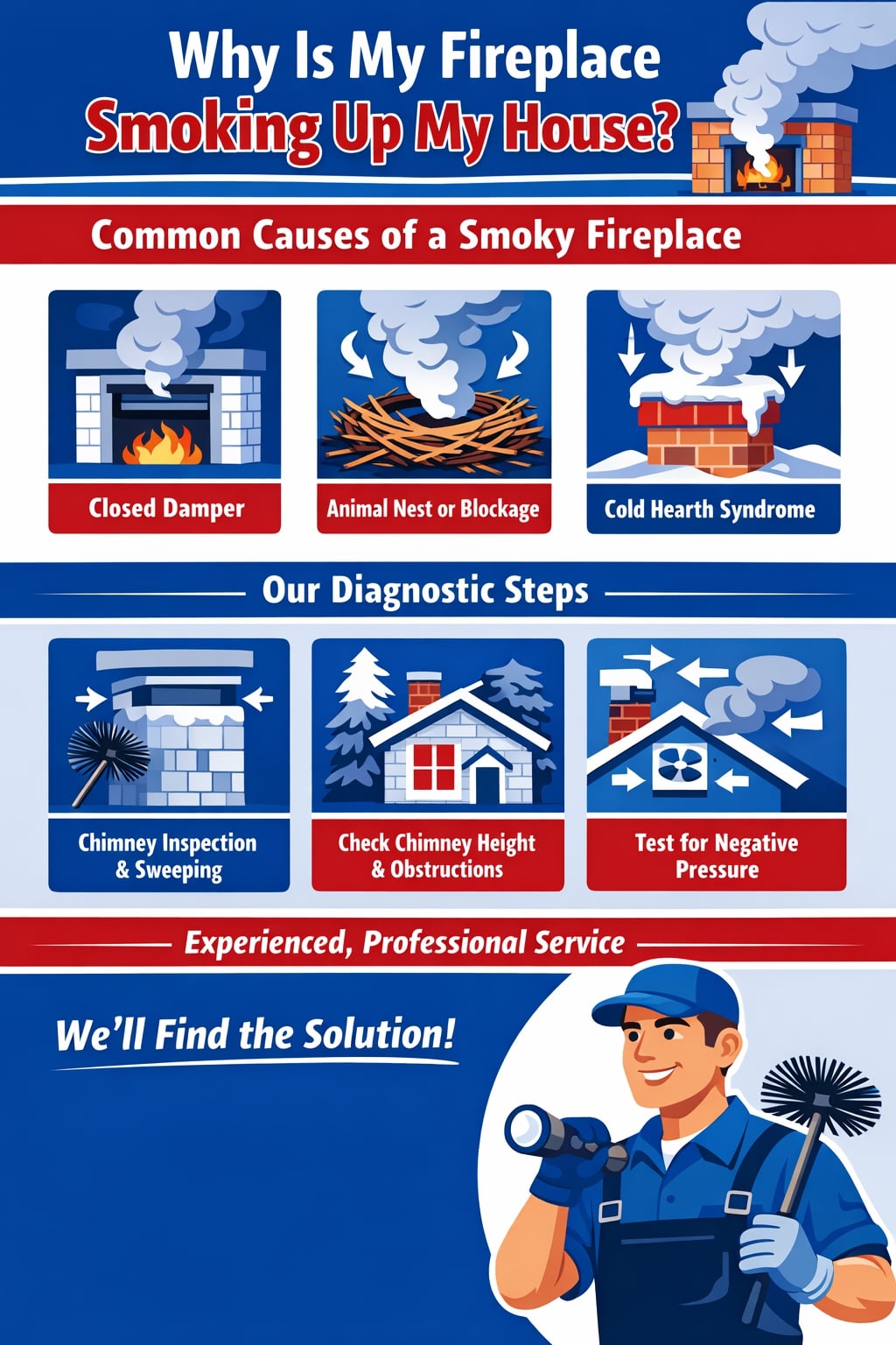 original infographic with a bold blue, red, and white color scheme titled “Why Is My Fireplace Smoking Up My House?” with a subtitle reading “Common Causes of a Smoky Fireplace,” featuring illustrated panels showing a closed damper with smoke backing into a room, an animal nest or blockage made of sticks clogging a chimney, and cold hearth syndrome with snow and downward arrows pushing smoke back inside, followed by a section labeled “Our Diagnostic Steps” that includes icons for chimney inspection and sweeping with a brush, checking chimney height and obstructions on a house with trees, and testing for negative pressure using arrows and a ventilation fan, and the bottom of the infographic highlights “Experienced, Professional Service” and “We’ll Find the Solution!” alongside a friendly illustrated chimney professional in a blue uniform holding a flashlight and chimney brush against a solid blue background.